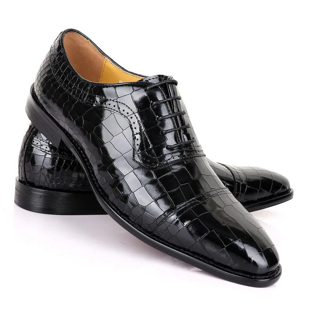 Terry Taylors Glossy Laceup Croc Black Leather Shoe