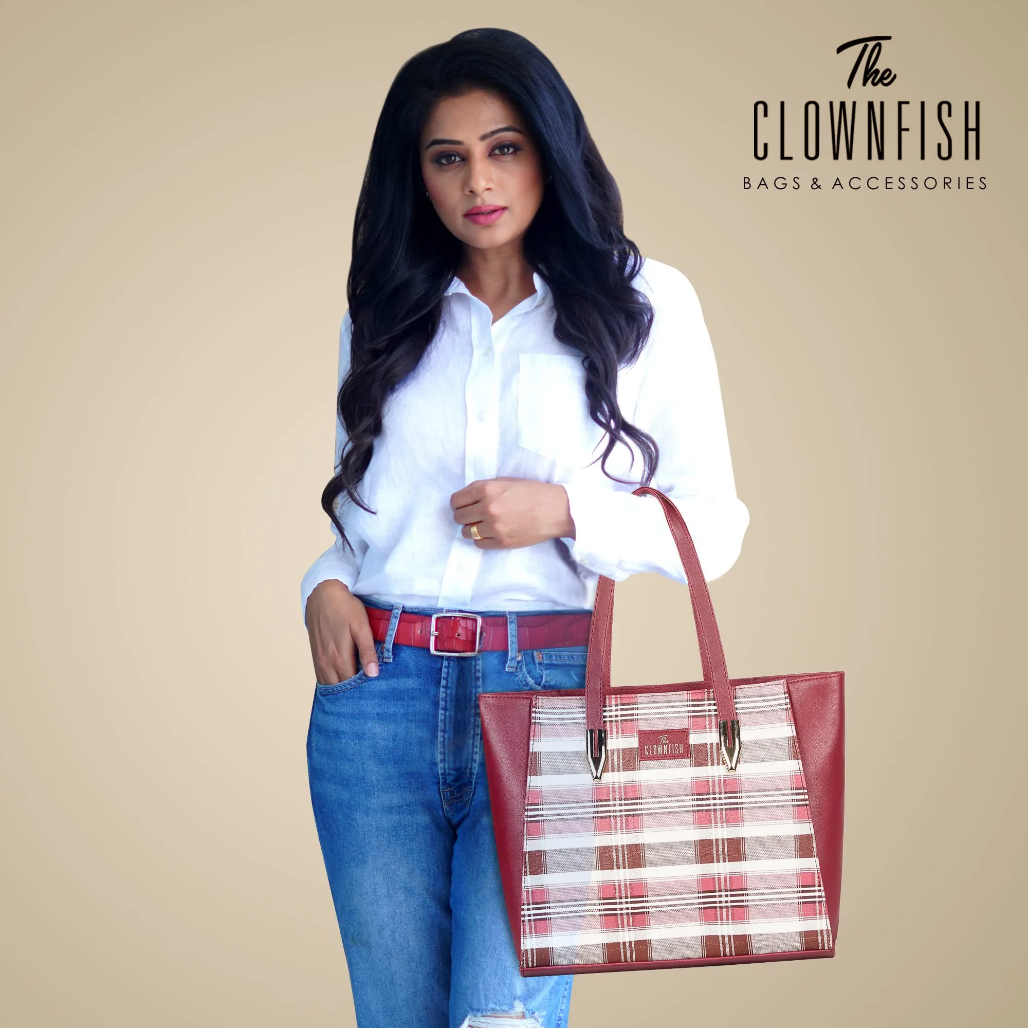 THE CLOWNFISH Agnes Handbag for Women Office Bag Ladies Shoulder Bag Tote For Women College Girls-Checks Design (Maroon)