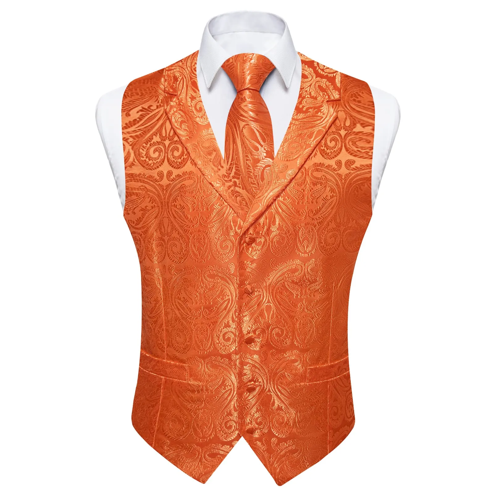 Ties2you Dress Vest Bright Orange Paisley Notched Collar Silk Mens Work Vest Tie Set