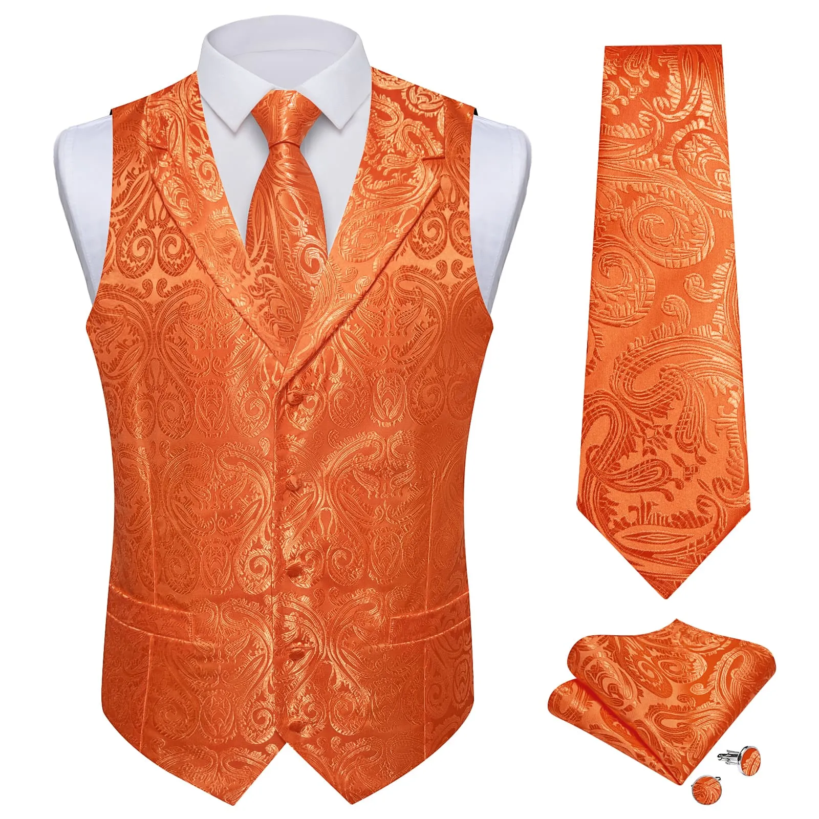 Ties2you Dress Vest Bright Orange Paisley Notched Collar Silk Mens Work Vest Tie Set