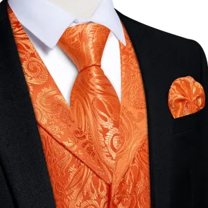 Ties2you Dress Vest Bright Orange Paisley Notched Collar Silk Mens Work Vest Tie Set