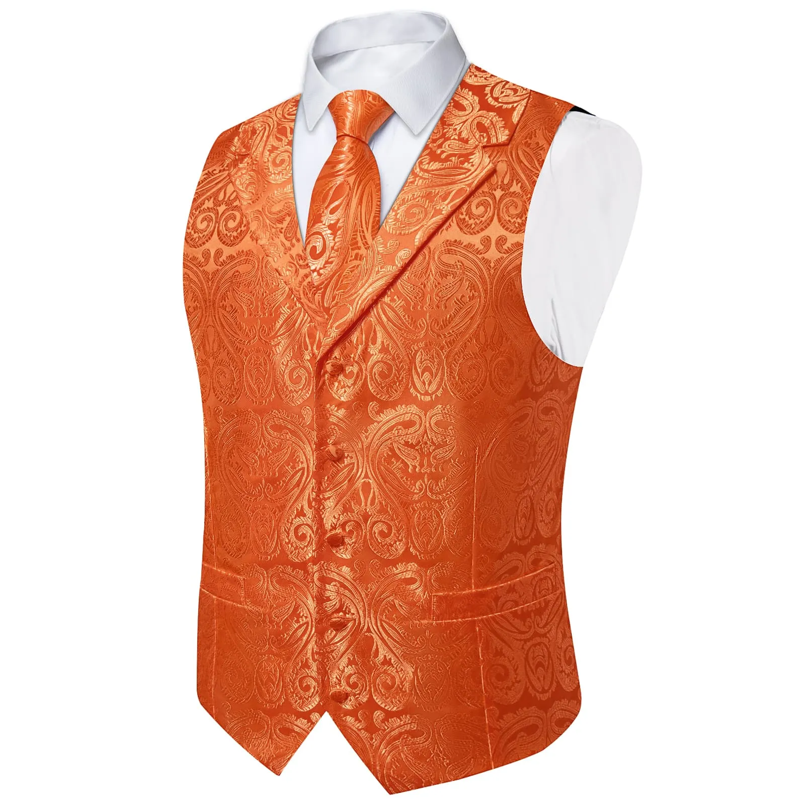 Ties2you Dress Vest Bright Orange Paisley Notched Collar Silk Mens Work Vest Tie Set