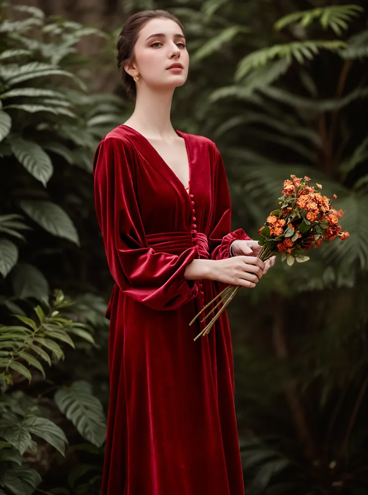 Vintage Long puffed sleeves V-neck Velvet Dress