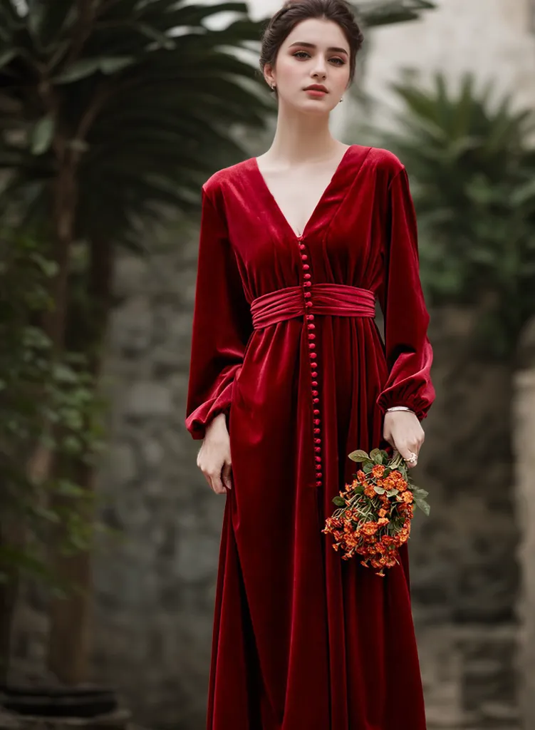 Vintage Long puffed sleeves V-neck Velvet Dress