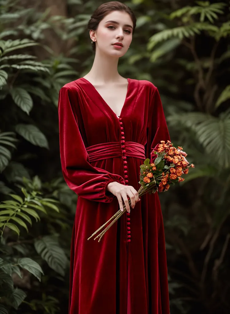 Vintage Long puffed sleeves V-neck Velvet Dress