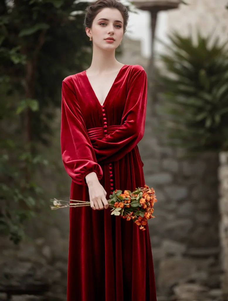 Vintage Long puffed sleeves V-neck Velvet Dress