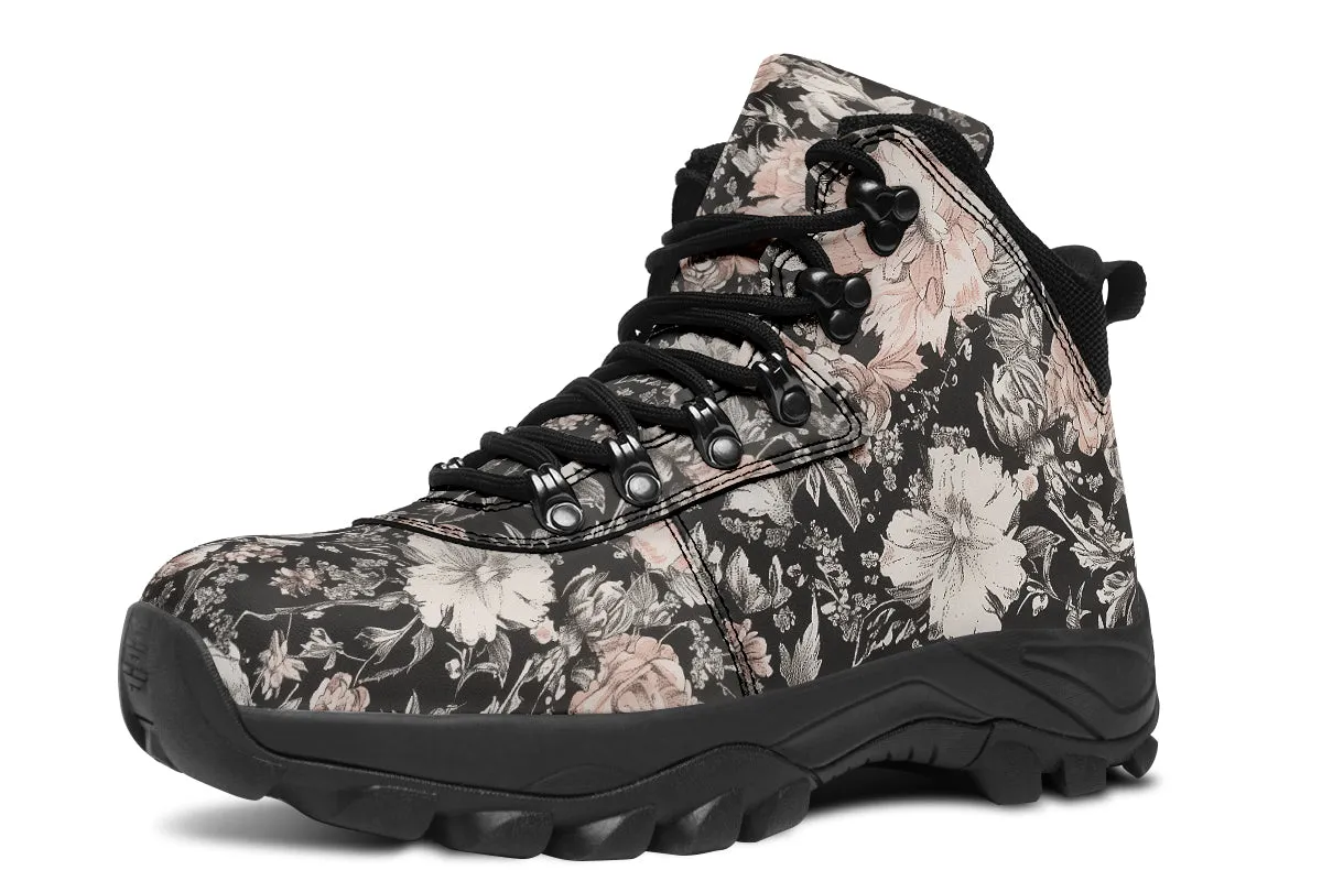 Vintage Peonies Outdoor Boots - Water Resistant Vegan Leather Trekking Shoes with Durable Soles