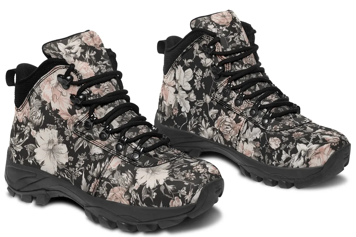 Vintage Peonies Outdoor Boots - Water Resistant Vegan Leather Trekking Shoes with Durable Soles