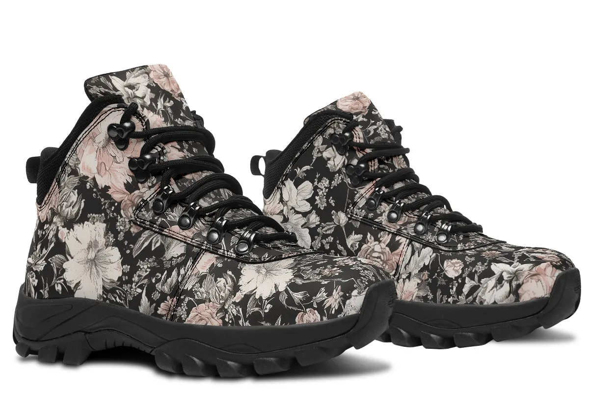 Vintage Peonies Outdoor Boots - Water Resistant Vegan Leather Trekking Shoes with Durable Soles