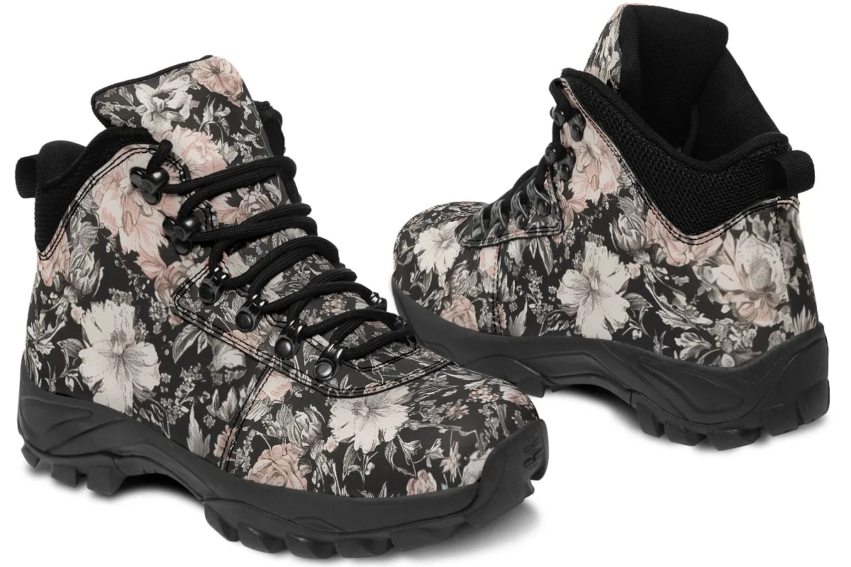 Vintage Peonies Outdoor Boots - Water Resistant Vegan Leather Trekking Shoes with Durable Soles