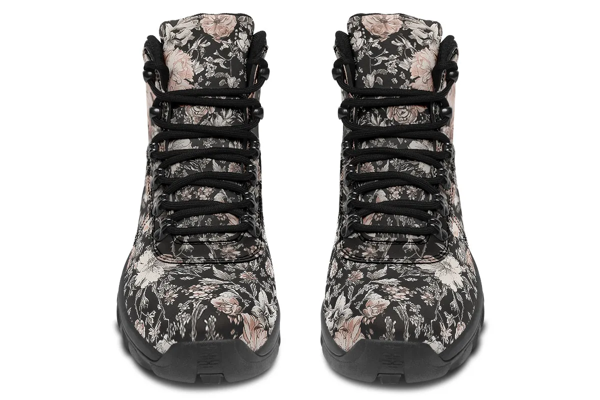 Vintage Peonies Outdoor Boots - Water Resistant Vegan Leather Trekking Shoes with Durable Soles