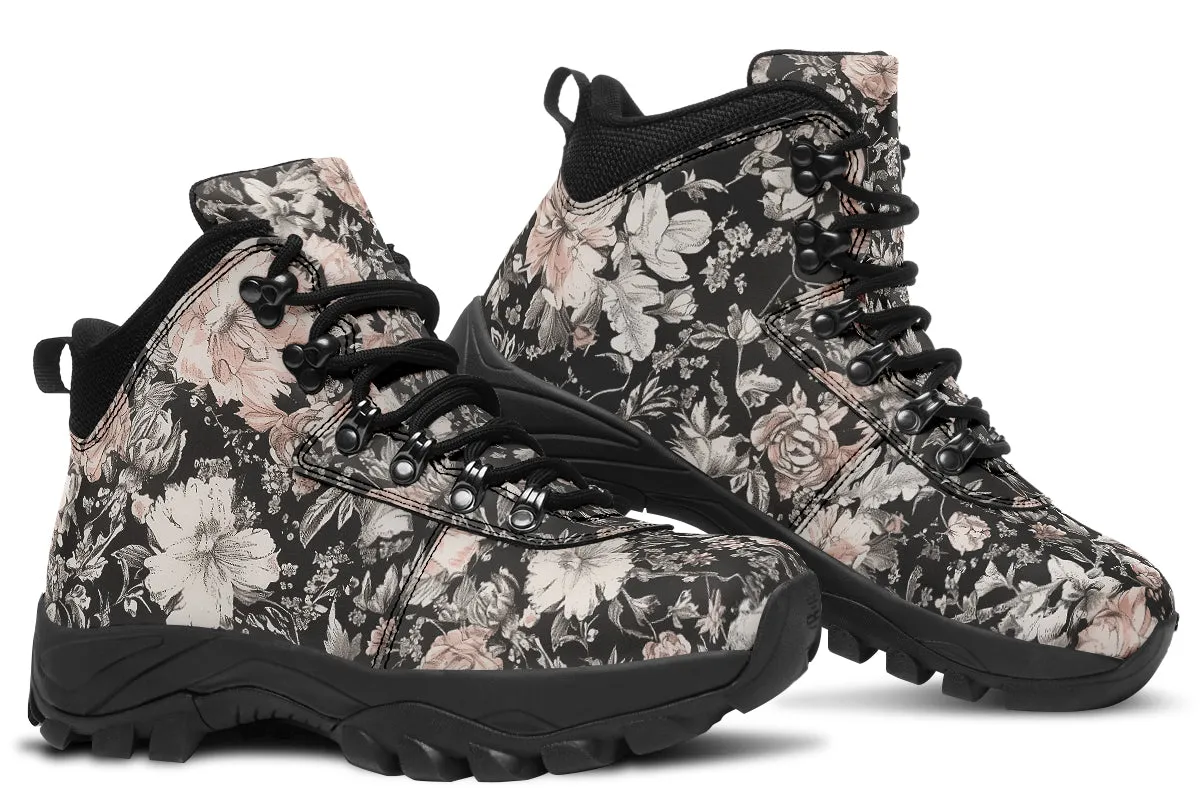 Vintage Peonies Outdoor Boots - Water Resistant Vegan Leather Trekking Shoes with Durable Soles