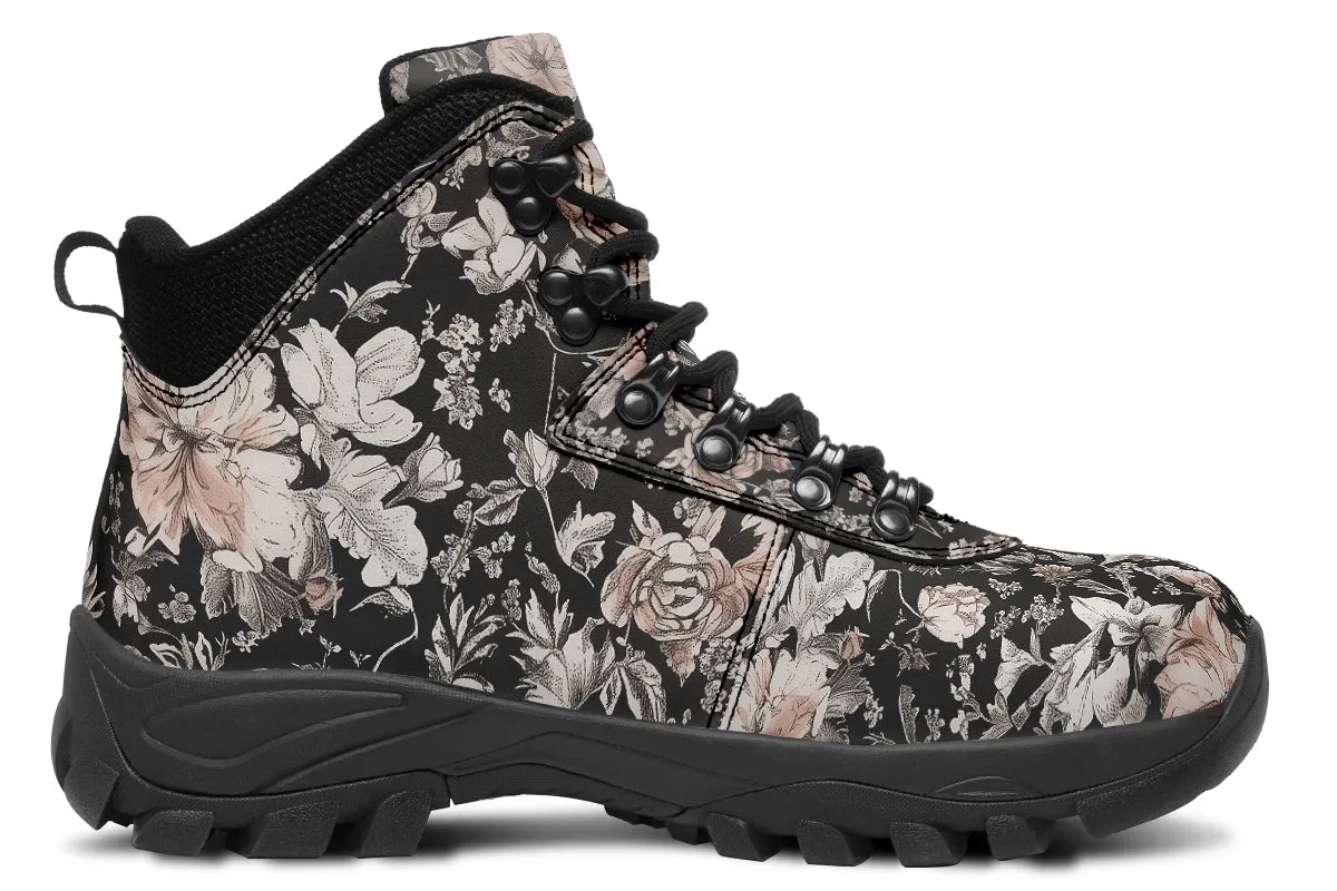 Vintage Peonies Outdoor Boots - Water Resistant Vegan Leather Trekking Shoes with Durable Soles